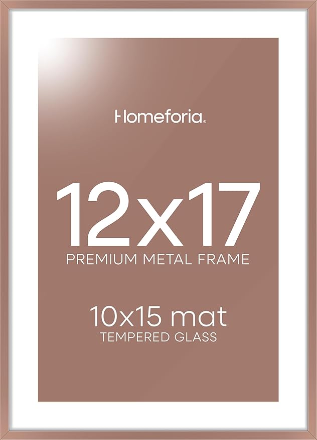 Homeforia 12x17 Picture Frame Mocha, High End Metal 12x17 Poster Frames with Mat 10x15 for Photo, 12 x 17 Mocha Frame Matted to 10 x 15 inch Print, 17x12 Thin Frame, Tempered Glass, Wall Kit, Set of 1