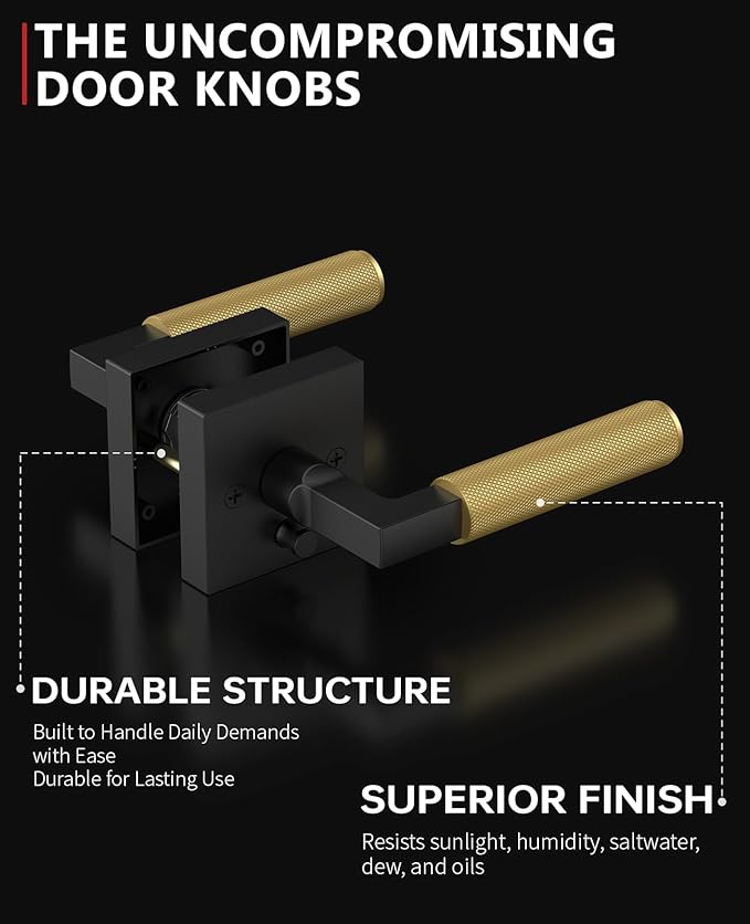 Asidrama 4 Pack Privacy Black and Gold Door Handles, Door Lever with Door Knobs Indoor for Bedroom or Bathroom, Heavy Duty Door Handles Interior with Locks for Left Right Sided Doors