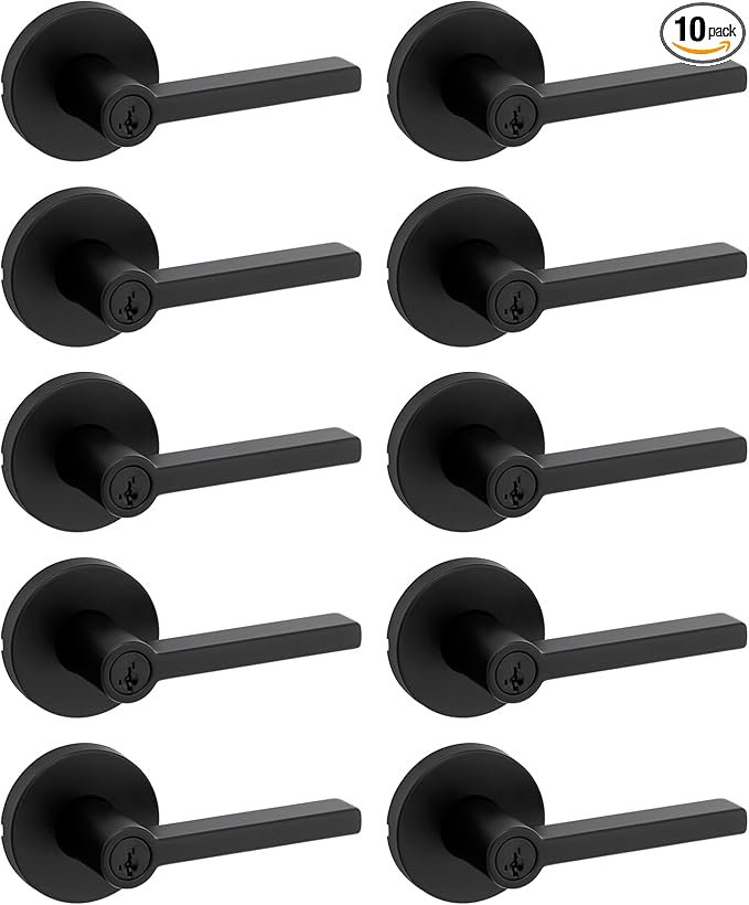 Kwikset Halifax Entry Door Handle with Lock and Key, Secure Keyed Reversible Lever Exterior, for Front Entrance and Bedrooms, Matte Black, 10 Pack, Pick Resistant SmartKey Rekey Security and Microban