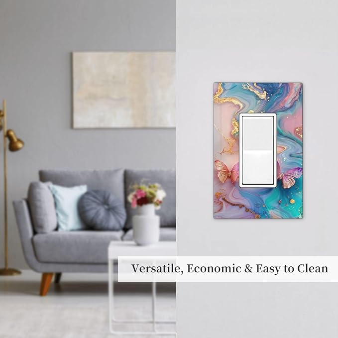 Colorful Marble Butterfly Gold Glitter Abstract Print Decorative Outlet Covers 1 Gang Single Rocker Light Switch Cover Plate Wall Plates GFCI Faceplate for Bed Room Living Room Decor