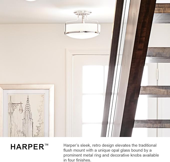 Hinkley Harper 3643BK Large Semi-Flush Ceiling Light - Sleek, Retro Style - Black + Etched Opal Glass
