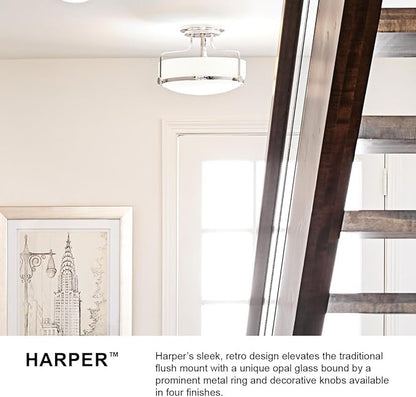 Hinkley Harper 3643BK Large Semi-Flush Ceiling Light - Sleek, Retro Style - Black + Etched Opal Glass