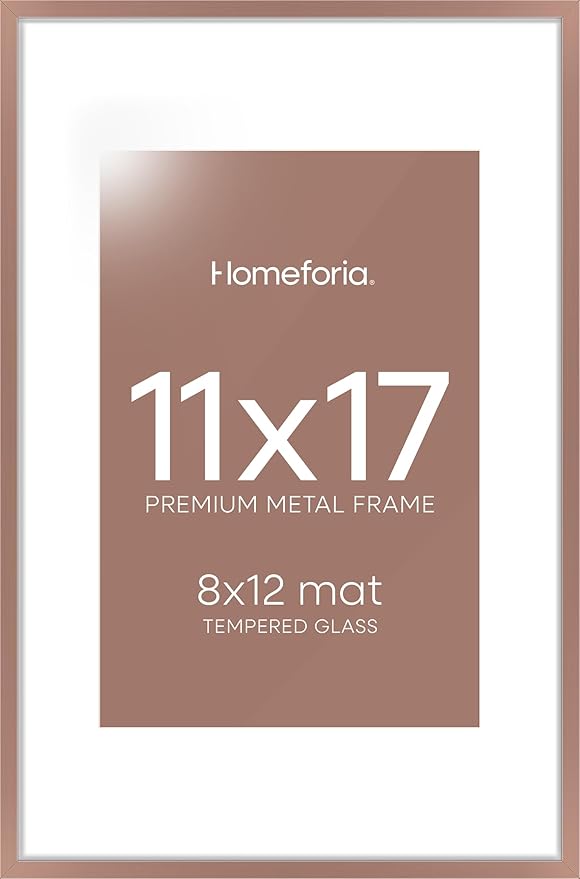 Homeforia 11 x 17 Picture Frame Mocha, High End Metal 11x17 Poster Frames with Mat 8x12 for Photo, 11 x 17 Mocha Frame Matted to 8 x 12 inch Print, 17x11 Thin Frame, Tempered Glass, Wall Kit, Set of 1