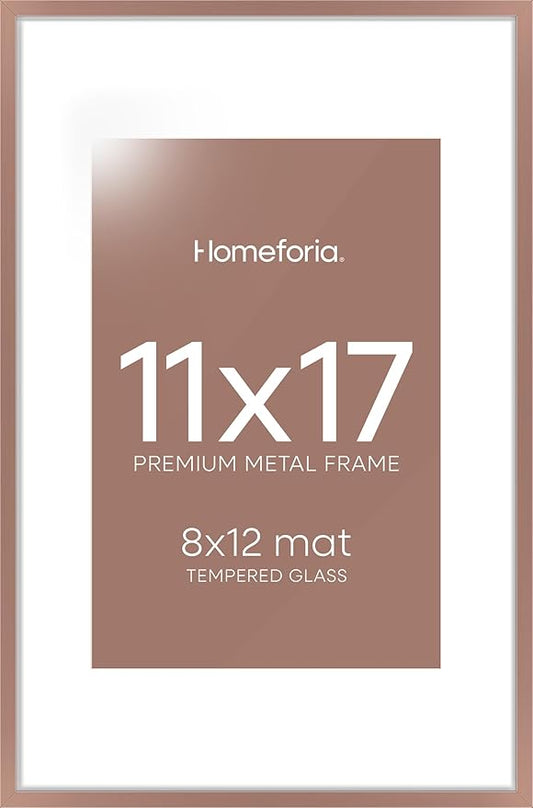 Homeforia 11 x 17 Picture Frame Mocha, High End Metal 11x17 Poster Frames with Mat 8x12 for Photo, 11 x 17 Mocha Frame Matted to 8 x 12 inch Print, 17x11 Thin Frame, Tempered Glass, Wall Kit, Set of 1