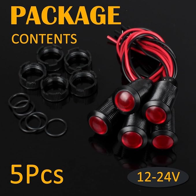 5pcs 12mm 12V-24V LED Indicator Light Plastic Black Signal Dot Lamp 1/2 inches Mounting Hole Size with 15cm/5.9in. Wire (Red LED)