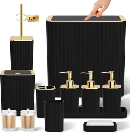 Bathroom Accessory Set - Bathroom Set, 12PC Bathroom Accessories Set, Black Bathroom Accessories Set, Mini Trash Can, Toilet Brush, Trash Can & Soap Dispenser