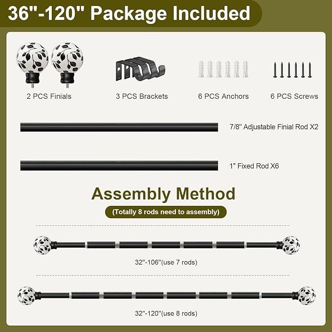 Ceramic Curtain Rods Black for Windows 66 to 120 Inches Adjustable Length Heavy Duty 1" Diameter Window Curtain Rod with Modern Leaf Pattern Decorative Finials for Bedroom Kitchen Living Room