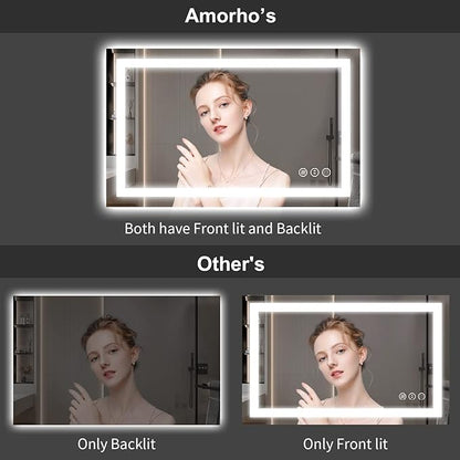 Amorho LED Bathroom Mirror 32"x 32" with Front and Backlight, Stepless Dimmable Wall Mirrors with Anti-Fog, Shatter-Proof, Memory, 3 Colors, Double LED Vanity Mirror(Horizontal/Vertical)