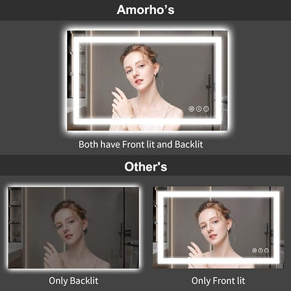 Amorho LED Bathroom Mirror, 48"x 38" with Front and Backlight, Stepless Dimmable Wall Mirrors with Anti-Fog, Shatter-Proof, Memory, 3 Colors, Double LED Vanity Mirror(Horizontal/Vertical)