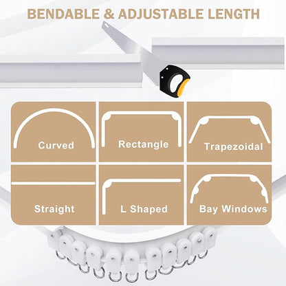 Aluminum Ceiling Curtain Track Set with Hooks Ceiling Mount and Wall Mount Room Divider Sliding Curtain Tracks Rods Flexible Heavy Duty Curtain Rail Hook Sets,White,24FT