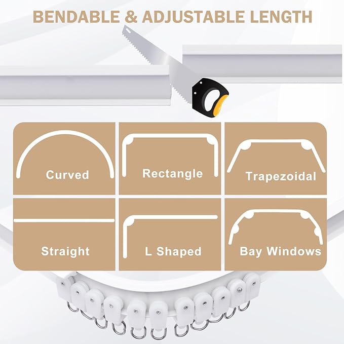 Aluminum Ceiling Curtain Track Set with Hooks Ceiling Mount and Wall Mount Room Divider Sliding Curtain Tracks Rods Flexible Heavy Duty Curtain Rail Hook Sets,White,6FT