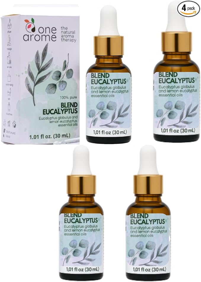 Dual Eucalyptus Essential Oil Blends by One Arome – Eucalyptus Oil (Corymbia Citriodora - Lemon & Eucalyptus Globulus) | Oil for Diffusers, Massage (Dilute) & DIY (Pack of 4 × 1.0 fl oz Each)