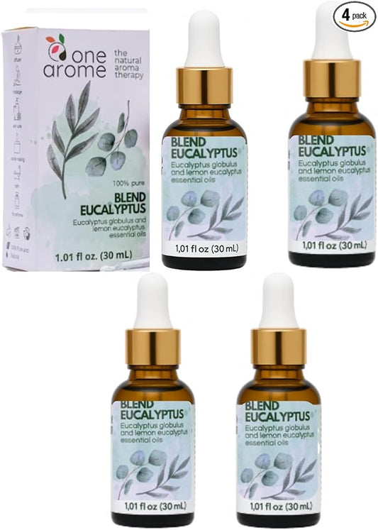 Dual Eucalyptus Essential Oil Blends by One Arome – Eucalyptus Oil (Corymbia Citriodora - Lemon & Eucalyptus Globulus) | Oil for Diffusers, Massage (Dilute) & DIY (Pack of 4 × 1.0 fl oz Each)