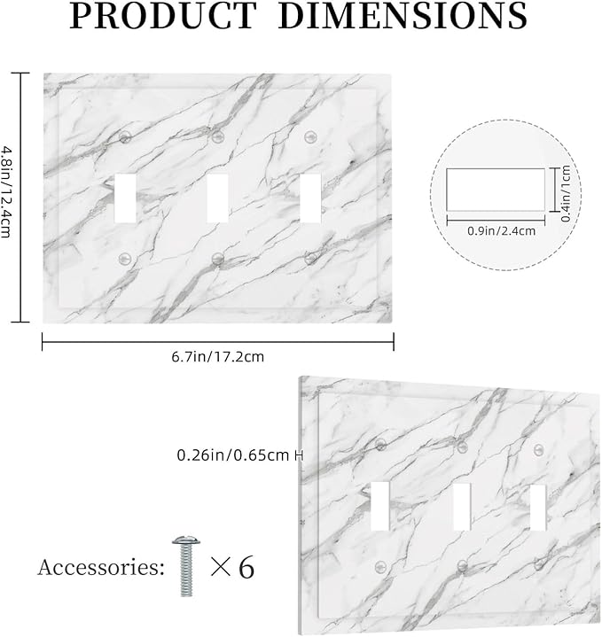 Decorative Light Switch Cover Plate Modern Grey Marble Texture 3 Gang Wall Plates for Electrical Outlets Triple Toggle Switch Plate Covers Outlet Covers Faceplate for Bedroom Home Decor