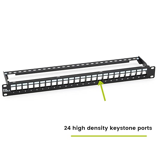 trueCABLE Shielded 24 Port 19” Toolless Modular Patch Panel, Blank, 1U Rack Mount, with Cable Management Bar and Ground Wire, High Density, Black
