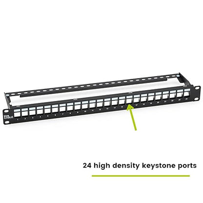 trueCABLE Shielded 24 Port 19” Toolless Modular Patch Panel, Blank, 1U Rack Mount, with Cable Management Bar and Ground Wire, High Density, Black