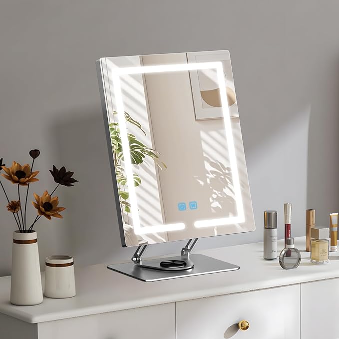 Vanity Mirror with Lights with 360° Rotation, LED Makeup Mirror with 5X Magnification, Lighted Makeup Mirror Adjustable Height, Angle and Light, Smart Touch Control Dark Gray