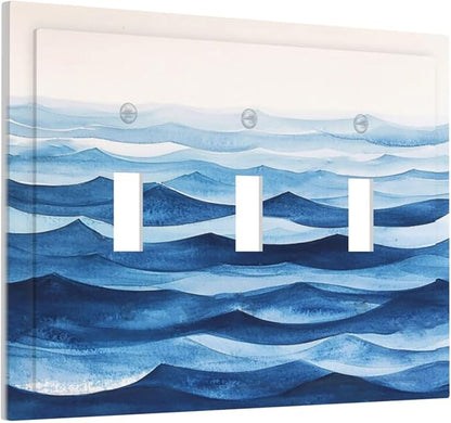 Decorative Light Switch Cover Plate Blue Watercolor Textured Abstract Ocean Wave 3 Gang Wall Plate Triple Toggle Switch Plate Covers Electrical Outlet Cover for Bedroom living Room Decor