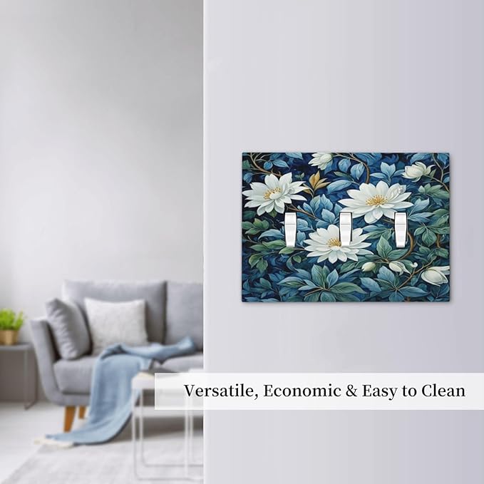 White Flowers Green Leaves Light Switch Covers 3 Gang Triple Toggle Wall Plate Decorative Switchplate Electrical Faceplate for Farmhouse Living Decor