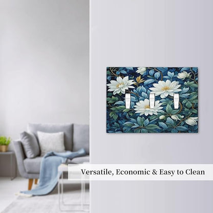 White Flowers Green Leaves Light Switch Covers 3 Gang Triple Toggle Wall Plate Decorative Switchplate Electrical Faceplate for Farmhouse Living Decor