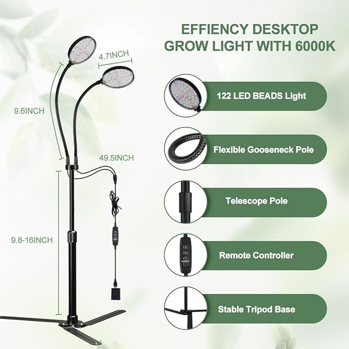 YEOLEH Grow Light for Indoor Plants Growing 6000K Full Spectrum LED Desk Lamp with Dimmable & Timer