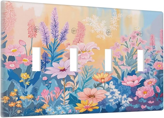 Light Switch Cover Plate Colorful Watercolor Flowers Wildflower Plants 4 Gang Quad Toggle Wall Plate Electrical Outlet Cover Decorative Switch Plate Covers for Bathroom Home Decor