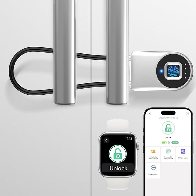 Fingerprint Cable Lock, eLinkSmart Fridge Locks with Bluetooth APP Control, Biometric Smart Padlock for Adults Baby Proof Cabinet Refrigerator French Door Cabinet Gate Locker Bike, 8.6'' Long Silver