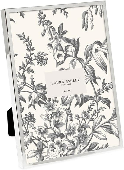 Laura Ashley 5x7 Silver Flat Metal Picture Frame (Vertical & Horizontal) w/Two-Way Easel Stand, Black Velvet Backing, Wall-Mountable, Made for Tabletop, Desk, Wall Display, Home Décor (5x7, Silver)