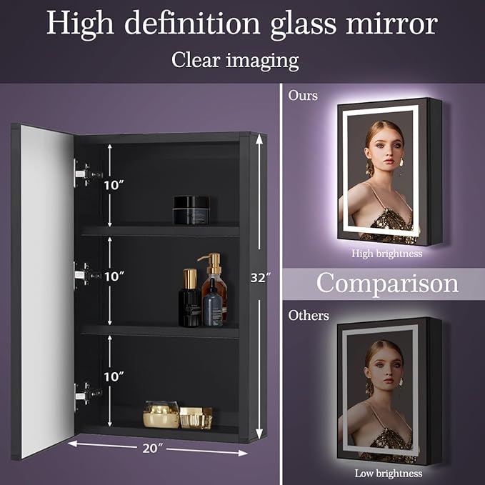 32 x 20 Inch Black Medicine Cabinet Mirror with Lights, 3 Color Lights, Memory Adjustable Brightness, Moisture Resistant, Bathroom