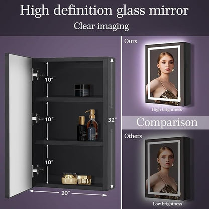 32 x 20 Inch Black Medicine Cabinet Mirror with Lights, 3 Color Lights, Memory Adjustable Brightness, Moisture Resistant, Bathroom