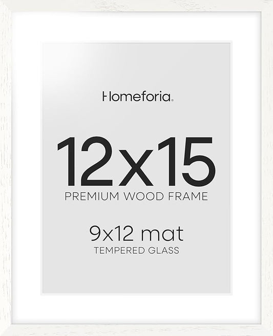 Homeforia 12x15 White Picture Frame, High End Oak 12x15 Wood Poster Frames with Mat 9x12 Print, 12 x 15 White Wooden Frame Matted to 9 by 12 Photo, 15x12 Thin Frame, Tempered Glass, Wall Kit, Set of 1