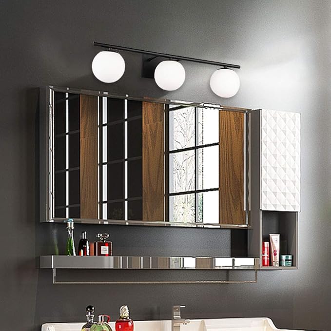 New Bathroom Vanity Light Fixtures Brushed Bronze Milk White Globe Glass Shade Modern Wall Bar Sconce Over Mirror (Black, 3 light-24inch-G9)
