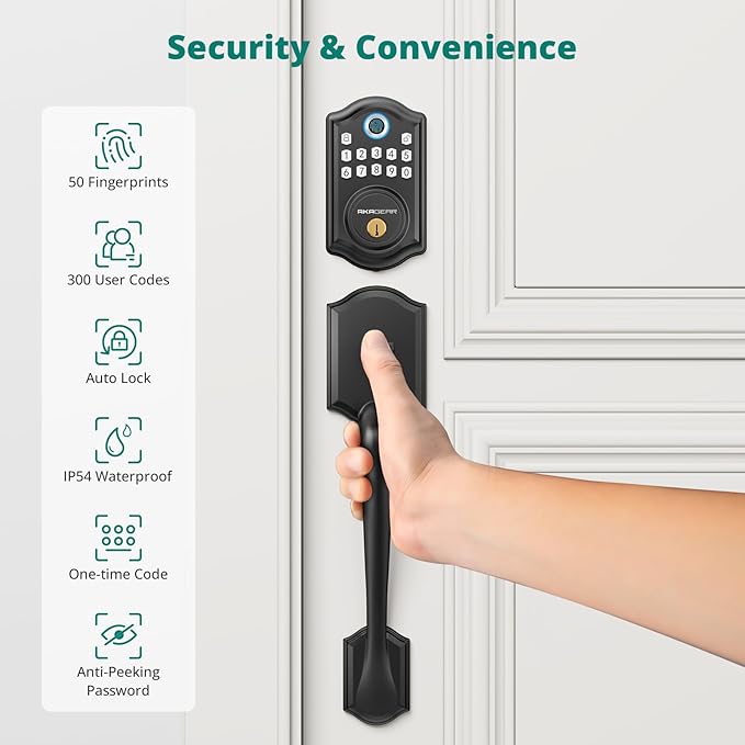 DS10 Keyless Entry Door Lock with Handle Set - Fingerprint DeadBolt, Electronic Keypad Deadbolt, Smart Locks for Front Door, Auto-Lock & One Touch Locking, Easy Installation - Matte Black