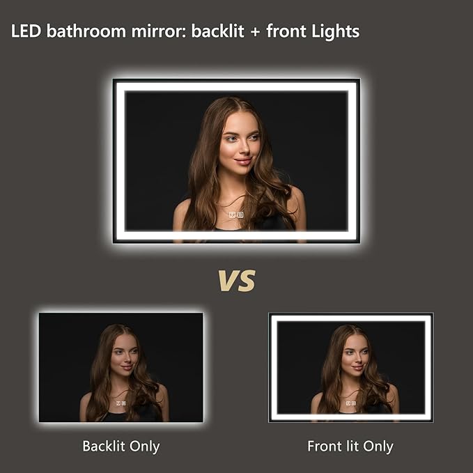 APRILSOUL 48x30 Inch LED Bathroom Mirror with Front and Backlit, Makeup Mirror with 3 Color Lights, Memory Function, Anti-Fog and Dimmable Light (Horizontal)