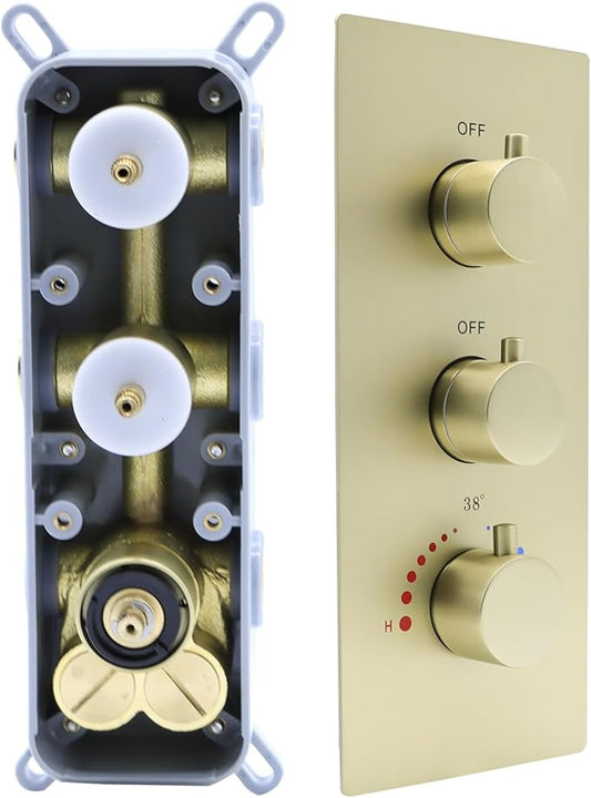 2 Function Shower Thermostatic Brass Valve Volume Control Can Work at the Same Time: 3 Round Knob, Concealed Brass Rough-In Valve (Brushed Gold, 2-Way)
