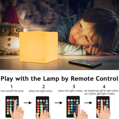 4-In LED Cube Night Light, Cordless LED Light Cubes for Kids, RGB Color Changing Tesseract Cosmic Cube Mood Lamp w/Remote, Rechargeable Square Bedside Lamp Nursery Light for Bedroom Garden Party Decor