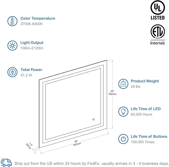 Blossom 30X30 LED Bathroom Mirror with Lights, Anti-Fog, Dimmable, Backlit & Front Lit, Lighted Bathroom Vanity Mirror for Wall, Memory Function, Waterproof, Tempered Glass, Smart Vanity Makeup Mirror