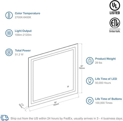 Blossom 30X30 LED Bathroom Mirror with Lights, Anti-Fog, Dimmable, Backlit & Front Lit, Lighted Bathroom Vanity Mirror for Wall, Memory Function, Waterproof, Tempered Glass, Smart Vanity Makeup Mirror