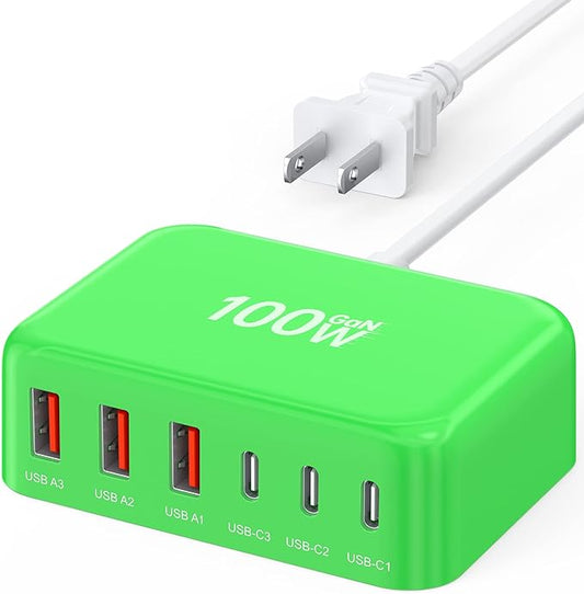 USB C Fast Charger, 100W GaN 6 Port Type C Charging Station Hub Block Cube, USB C Wall Charger Power Strip Adapter Plug for iPad iPhone 17 16 15 14 13 12 Pro Max Pixel Note Galaxy, 5ft Cord