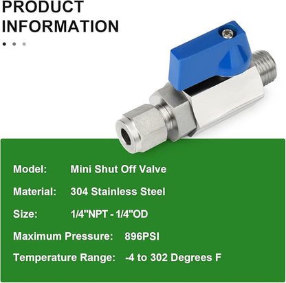 TAISHER 2PCS 304 Stainless Steel Compression Mini Ball Valve Shut Off Switch, 1/4" Tube OD x 1/4" NPT Male