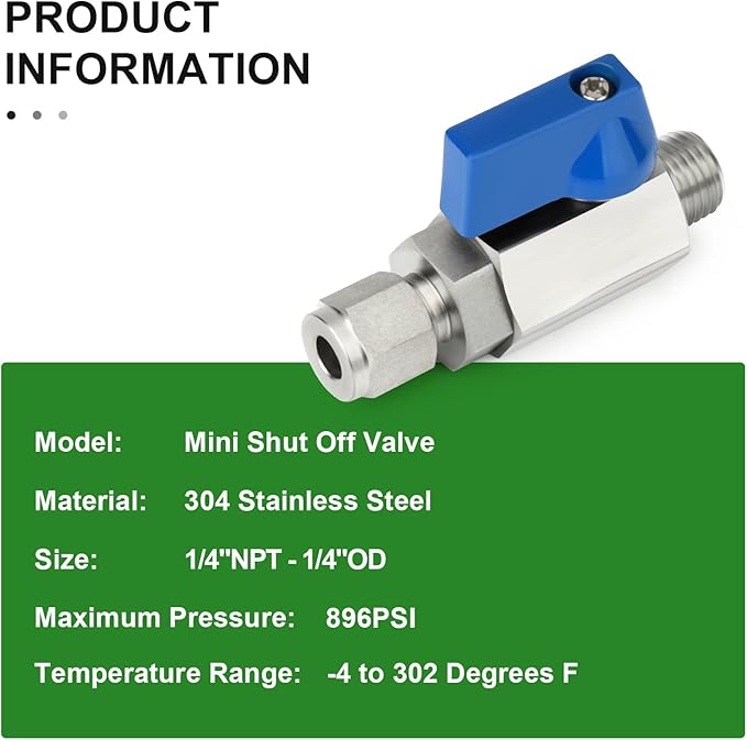 TAISHER 1PCS 304 Stainless Steel Compression Mini Ball Valve Shut Off Switch, 1/4" Tube OD x 1/4" NPT Male