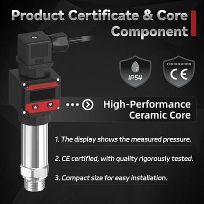 LEFOO Digital Pressure Transmitter 4-20mA Pressure Sensor Transducer with LCD Digital Display (Power Supply: 12-30VDC, Pressure Range: 0-435PSI)
