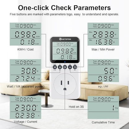 KETOTEK Watt Meter Power Meter Plug Electricity Usage Monitor for Home, Energy Monitor with LCD Display, Kilowatt Meter Socket Outlet, Voltage Amps Power Consumption Meter, Overload Protection