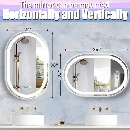 36 x 24 Inch Oval LED Bathroom Mirror with Front Lights Smart Memory 3 Color Adjustable Brightness Anti-Fog 36 Inch Oval Lighted Vanity Mirror for Bathroom Wall Horizontal/Vertical Mounted