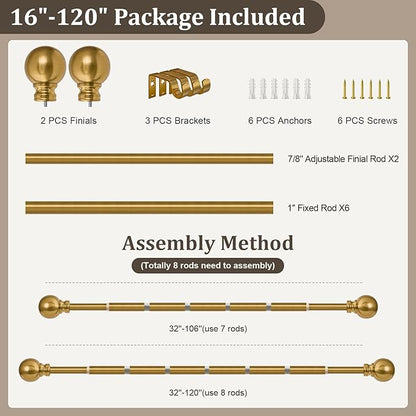 Modern Gold Curtain Rods for Windows 66 to 120 Inch Long Heavy Duty Brass Window Curtain Rod 1" Diameter Adjustable with Metal Finials for Living Room Bedroom Farmhouse Kitchen Outdoor