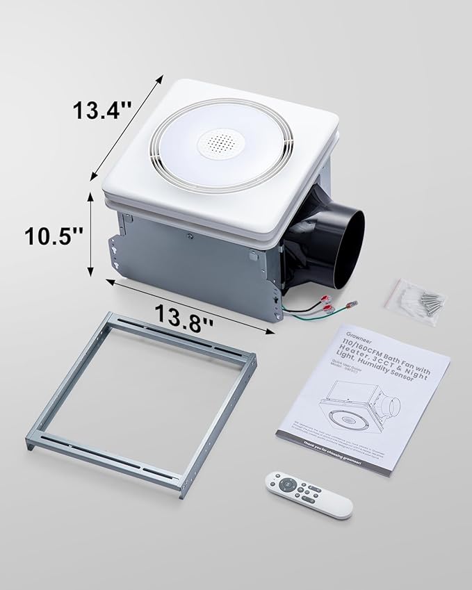 GROWNEER Powerful Oversize Bathroom Exhaust Fan with Light, 40W Bathroom Fan with Humidity Sensor, 110/160 CFM 1.0 Sone Exhaust Fan with Heater, 1800W Heating, 1500lm 2700K/4000K/5000K & Nightlight