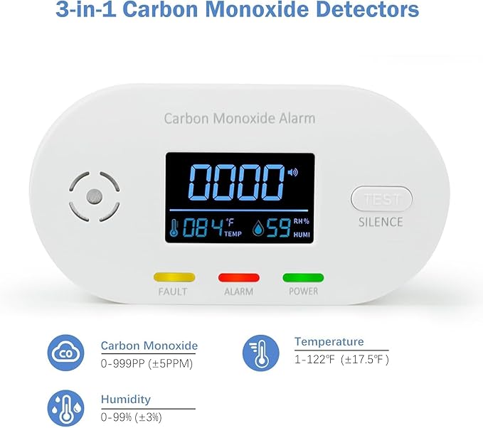 Carbon Monoxide Detectors, 3 Pack Plug in Carbon Monoxide Detector with CO Alarm Monitor Temperature Humidity Sensor,3-in-1 CO Detector with LCD Display for Home/Kitchen/Hotel/Bedroom (White)