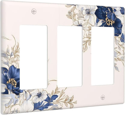 Decorative Outlet Covers Rustic Blue Beige Flower Peony Floral 3 Gang Light Switch Cover Plate Triple Rocker Wall Plates for Electrical Outlets Switch Plate Covers for Bedroom Home Decor
