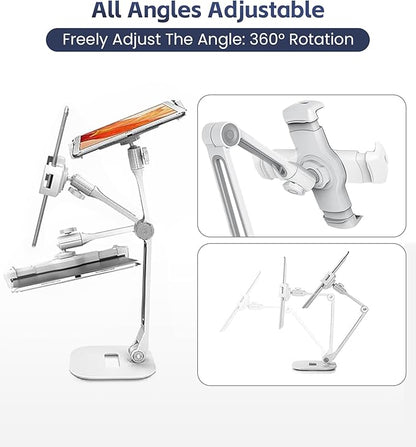 Tablet Stand Universal Holder for 4.9" - 12.9" Devices, 360° Rotating Security Stand for iPad, iPad Air, Samsung, Height Adjustable Foldable Table Top (White)