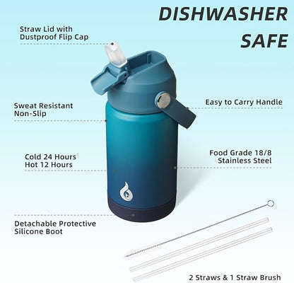 BJPKPK Insulated Water Bottle with Straw Lid, 12oz Thermo Water Bottles with Soft Nozzle, Flex Handle & Non-slip Boot, BPA Free Leak Proof Stainless Steel Metal Thermo, Tumblers, Cups,Vast